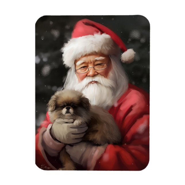 Japanese Chin With Santa Claus Festive Christmas Magnet (Vertical)