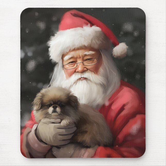 Japanese Chin With Santa Claus Festive Christmas Mouse Pad (Front)