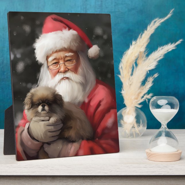 Japanese Chin With Santa Claus Festive Christmas Plaque (Side)