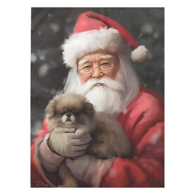 Japanese Chin With Santa Claus Festive Christmas Tablecloth (Front)