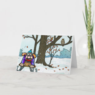 Japanese Christmas Snow Sled & Birds Holiday Card
