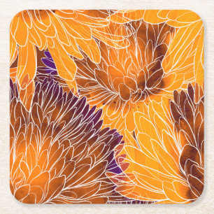Japanese Chrysanthemum: Watercolor Seamless Patter Square Paper Coaster