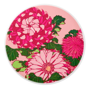 Japanese Chrysanthemums, Fuchsia and Coral Pink Ceramic Knob