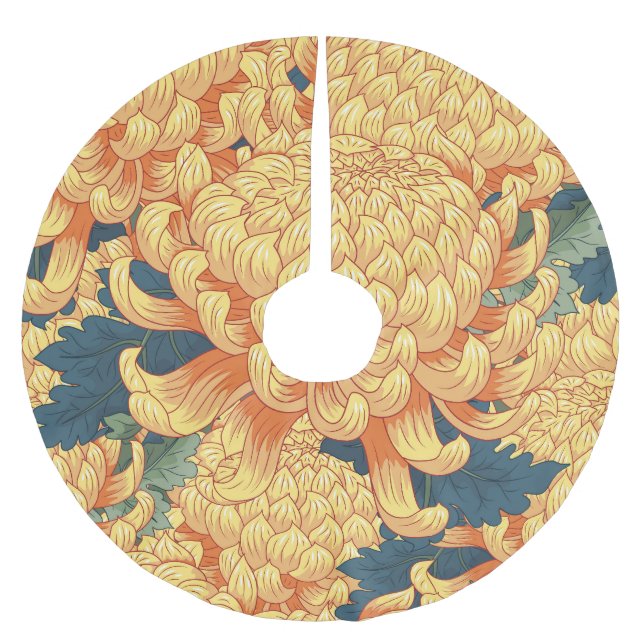 Japanese chrysanthemums: yellow floral pattern. brushed polyester tree skirt (Front)