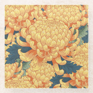Japanese chrysanthemums: yellow floral pattern. glass coaster