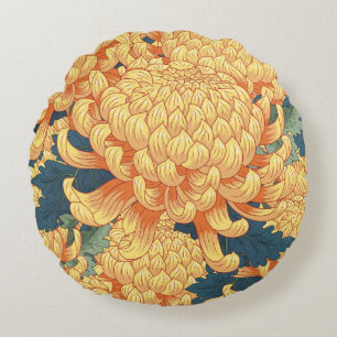 Japanese chrysanthemums: yellow floral pattern. round pillow
