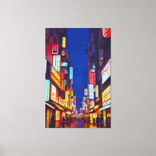 Japanese City Street At Night Canvas Print
