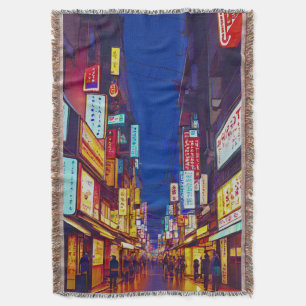 Japanese City Street At Night  Throw Blanket
