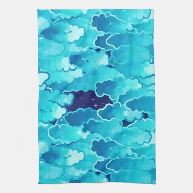 Japanese Clouds, Evening Sky, Turquoise and Indigo Kitchen Towel (Vertical)