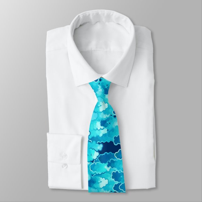 Japanese Clouds, Evening Sky, Turquoise and Indigo Tie (Tied)