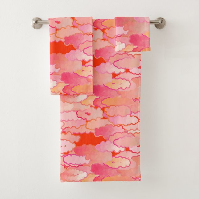 Japanese Clouds, Sunset, Coral, Fuchsia, Pink Bath Towel Set (Insitu)