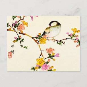 Japanese Colourful Flowers & Bird Postcard