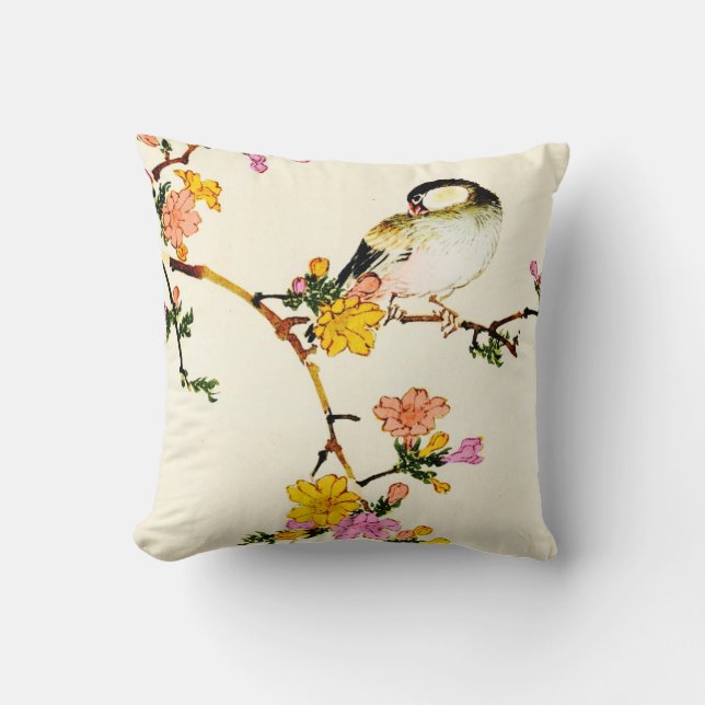 Japanese Colourful Flowers & Bird Throw Pillow (Front)
