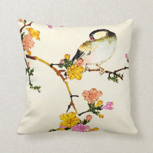 Japanese Colourful Flowers & Bird Throw Pillow