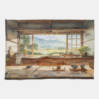 Japanese Countryside Kitchen with Rice Field View  Kitchen Towel