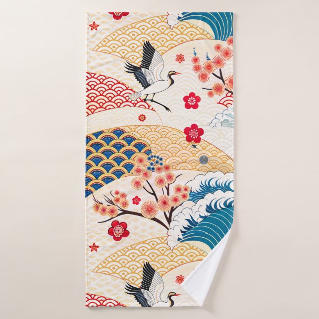 Japanese Crane and Cherry Blossom Waves Bath Towel (Bath Towel)
