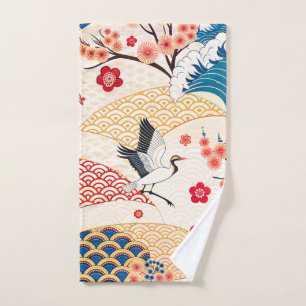 Japanese Crane and Cherry Blossom Waves Hand Towel