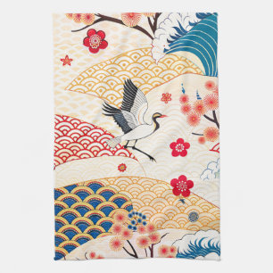 Japanese Crane and Cherry Blossom Waves Kitchen Towel