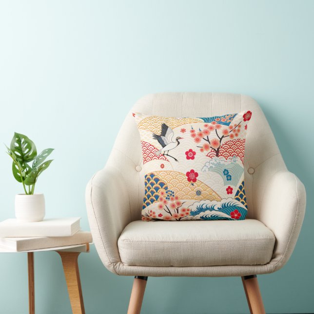 Japanese Crane and Cherry Blossom Waves Throw Pillow (Chair)