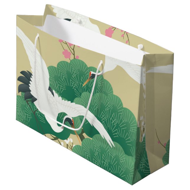 Japanese Crane and Pine Tree Large Gift Bag (Front Angled)