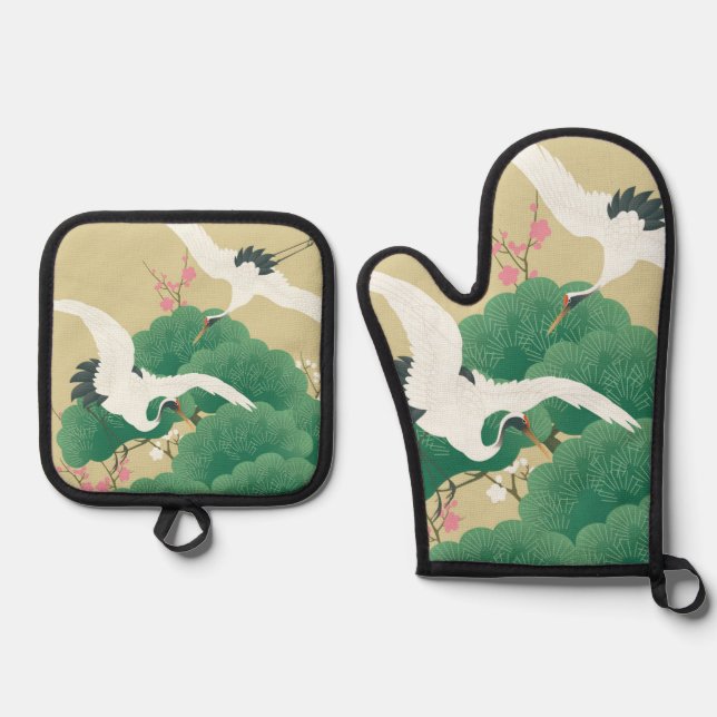 Japanese Crane and Pine Tree Oven Mitt & Pot Holder Set (Front)