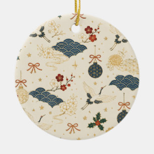 Japanese Crane and Wave Christmas Ceramic Ornament