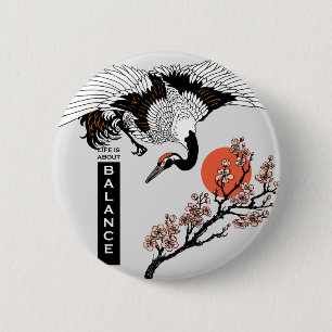 Japanese crane bird and blooming sakura 2 inch round button