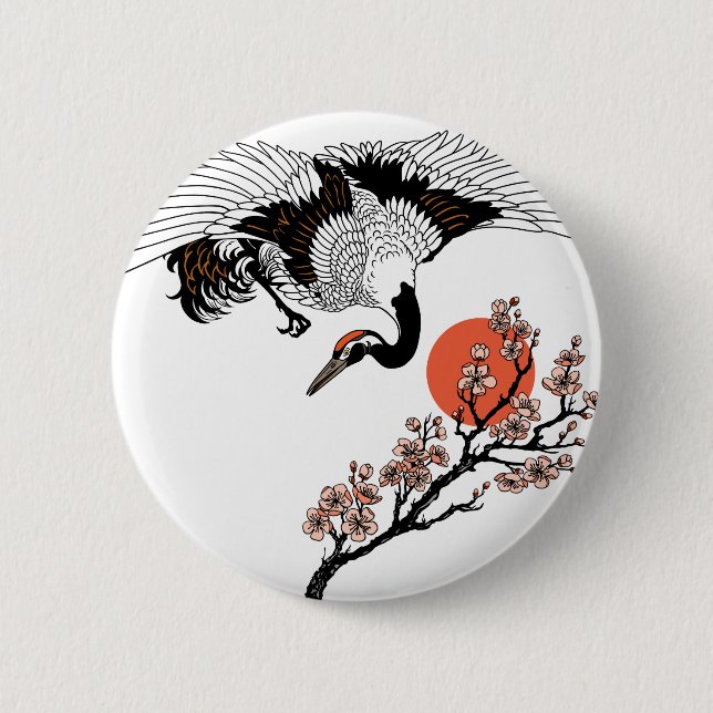 Japanese crane bird and blooming sakura 2 inch round button (Front)