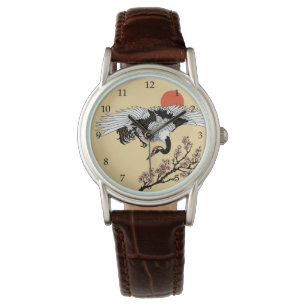 Japanese crane bird and blooming sakura watch