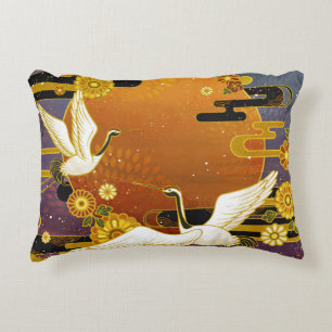 Japanese crane bird colourful sky illustration pat accent pillow