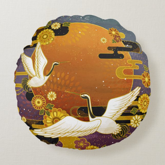Japanese crane bird colourful sky illustration pat round pillow (Front)