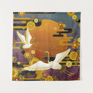 Japanese crane bird colourful sky illustration pat tapestry