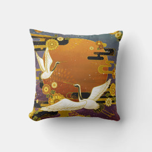 Japanese crane bird colourful sky illustration pat throw pillow