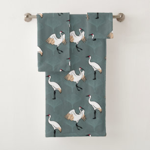 Japanese Crane Birds & Elegant Gingko Leaves Bath Towel Set
