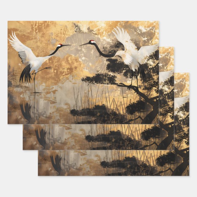 Japanese Crane Birds Wrapping Paper Sheet (Set)