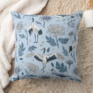 Japanese Crane & Botanical Floral Pattern Throw Pillow