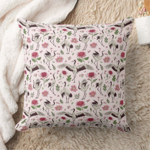 Japanese Crane & Botanical Floral Pattern Throw Pillow