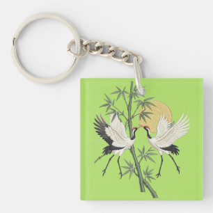 Japanese Crane Embroidery Bamboo Sunrise gift Keychain