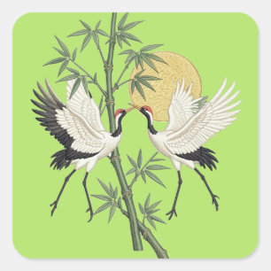 Japanese Crane Embroidery Bamboo Sunrise gift Square Sticker