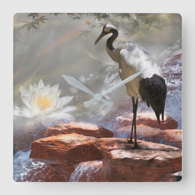 Japanese Crane “Longevity” Square Wall Clock (Front)