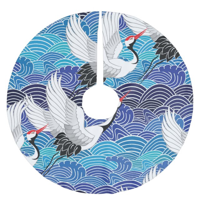 Japanese Crane: Ornate Bird Pattern. Brushed Polyester Tree Skirt (Front)