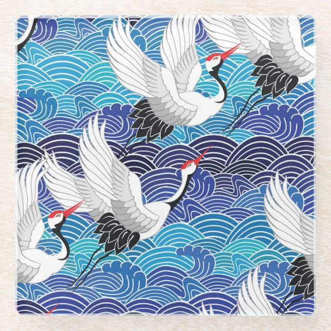 Japanese Crane: Ornate Bird Pattern. Glass Coaster (Front)