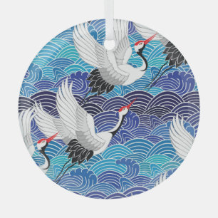 Japanese Crane: Ornate Bird Pattern. Glass Ornament