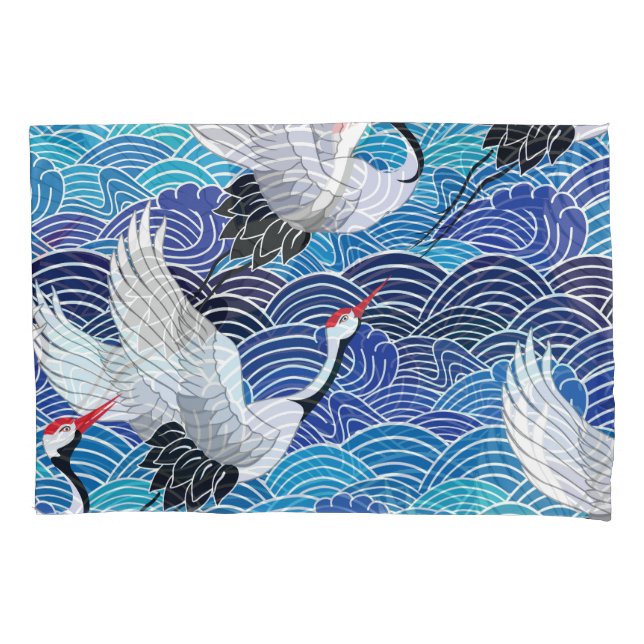 Japanese Crane: Ornate Bird Pattern. Pillowcase (Front)