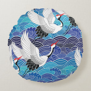 Japanese Crane: Ornate Bird Pattern. Round Pillow