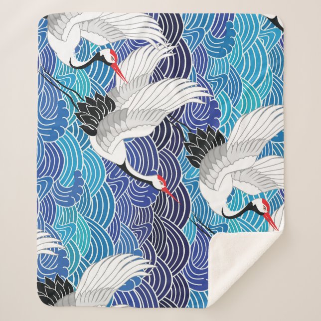 Japanese Crane: Ornate Bird Pattern. Sherpa Blanket (Front)