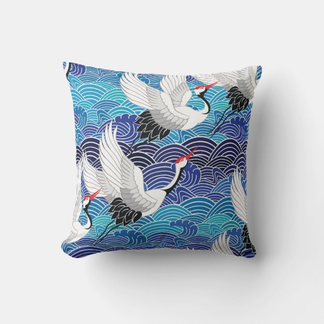 Japanese Crane: Ornate Bird Pattern. Throw Pillow (Front)