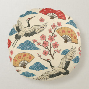 Japanese Crane Sakura Pattern Traditional Japanese Round Pillow