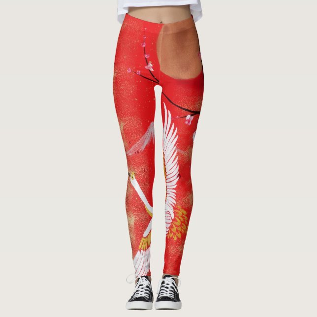 Japanese crane sun Japan sakura red Leggings (Front)