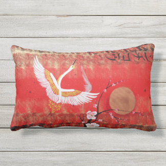 Japanese crane sun Japan sakura red painting Lumbar Pillow